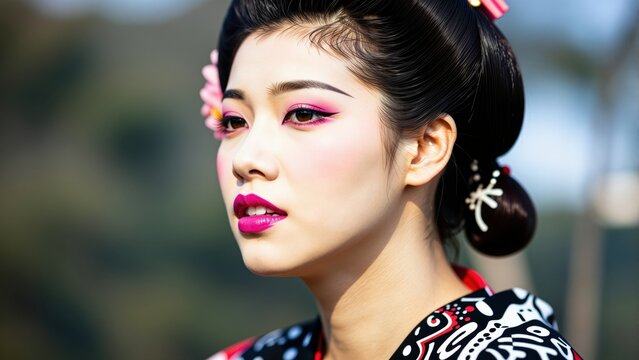Enchanting Geisha Portrait: A captivating close-up of a traditionally adorned geisha, her expressive eyes and graceful posture embodying the timeless beauty and mystique of Japanese culture.