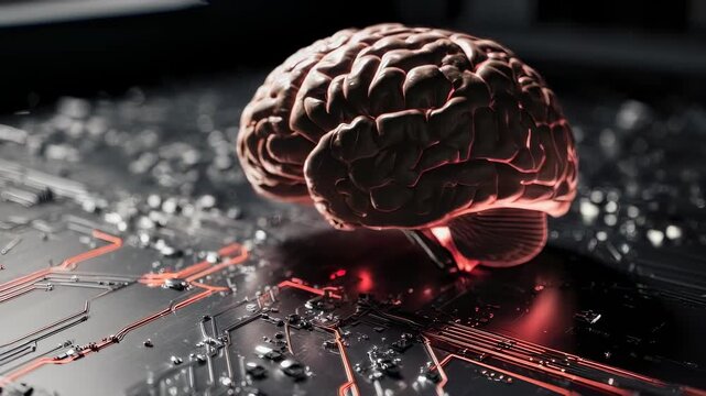 3D human brain on futuristic circuit board with glowing data lines, symbolizing artificial intelligence, neural network computing, brain-computer interface and biotech innovation.