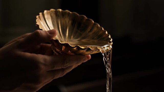 Close-up of a hand pouring holy water from a golden baptismal shell in a dark cinematic setting, illustrating religious christening concepts.