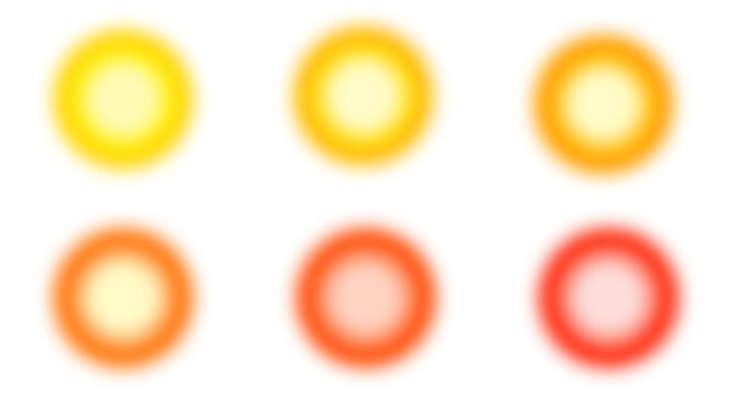 
Glowing golden sunlight effect with radial gradient circle and radiant beam overlay. Bright yellow and red illumination burst isolated on transparent background.