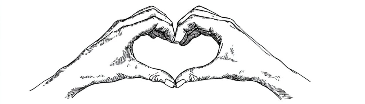 Two hands, sketched in ink, forming a heart shape on a white background