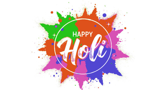 Vibrant happy holi festival logo with colorful paint splatters on white background