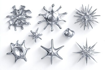 Obraz premium Glossy, reflective, silver-colored, droplet-like shapes, varied in size and form, against white