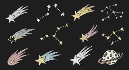 Cosmic wonders A celestial collection of shooting stars and constellations, planets, and astronomical drawings against a dark background, illustrating the vastness of the universe