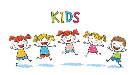 Playful illustration featuring a diverse group of happy young children joyfully jumping together, capturing the innocence, happiness, and vibrant energy of childhood