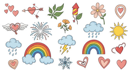 Charming assortment of hand-drawn cartoon icons featuring hearts, flowers, rainbows, and weather elements, perfect for adding a touch of whimsy and joy to various creative projects