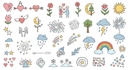 Collection of Hand-Drawn Icons Representing Love, Nature, Weather, and Celebrations