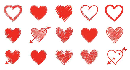 Collection of Red Heart Illustrations on a White Background, Symbolizing Love and Romance
