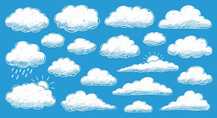 Hand-drawn sketch clouds various shapes, sizes, sun, rain elements, blue background. Ideal for whimsical weather graphics and creative design projects