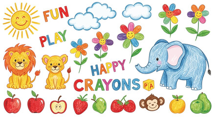 Vibrant collection of cheerful hand-drawn illustrations for kids, featuring cute animals, fruits, and happy words, perfect for playful learning designs