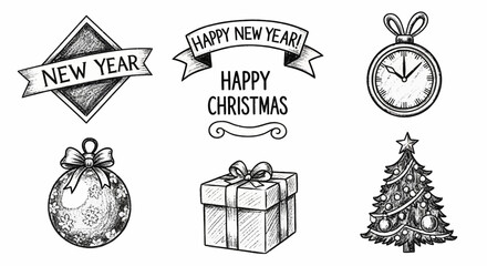 Hand-drawn sketch collection of festive holiday symbols for New Year and Christmas celebrations, featuring gifts, decorative banners, and essential timepieces