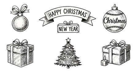 Hand-drawn Christmas and New Year decorations including ornaments, gifts, and a festive tree, perfect for holiday designs