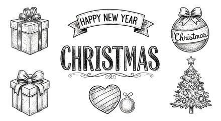 Elegant hand-drawn collection of Christmas and New Year holiday elements, featuring gift boxes, a decorated tree, festive ornaments, and celebratory typography for seasonal designs and greetings