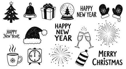 Charming collection of hand-drawn festive Christmas and New Year holiday doodle elements, perfect for seasonal greetings, party invitations, and joyful celebratory designs