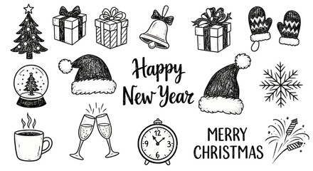 Collection of hand-drawn New Year and Christmas icons, including gifts, snowflakes, bells, and festive decorations