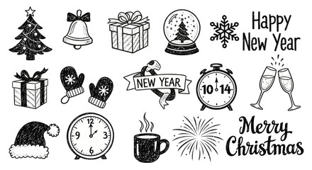 Set of whimsical hand-drawn holiday season vector graphics, including detailed Christmas tree, bell, presents, Santa hat, New Year's clock, and party elements