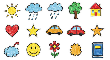 A Collection of Childlike Drawings Featuring Everyday Objects and Weather Symbols, Rendered in a Crayon-Art Style