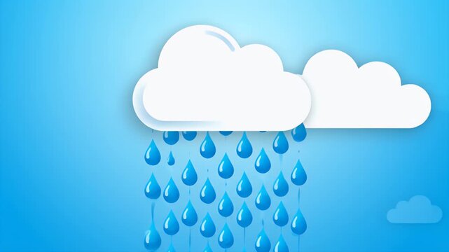 A white cartoon cloud with blue rain drops falling against a blue gradient background