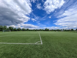 Obraz premium Wide-angle view of a soccer field with green turf, white lines, a goal, and a dynamic cloudy sky
