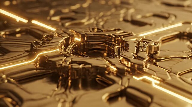 A golden, futuristic surface with glowing linear elements and a complex, textured pattern