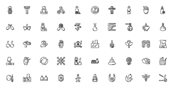 Alternative Medicine icon set. Holistic health vector symbols. Includes yoga, acupuncture, aromatherapy, herbal remedy, massage, energy and more. Editable line icons.