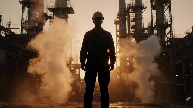 Silhouetted industrial worker in hard hat stands at an oil refinery at sunrise as steam and smoke billow, highlighting energy production, emissions, pollution and workplace safety.