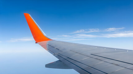 Fototapeta premium Airplane Wing with Bright Orange Winglet Flying Through Clear Blue Sky, View from Passenger Window, Aviation Transport and Travel Concept