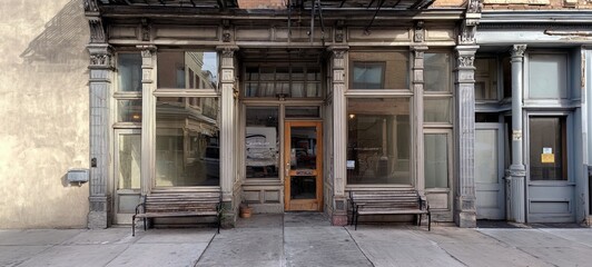Historic storefront facade with large windows, benches, and central door. Weathered appearance suggesting age. Shadow