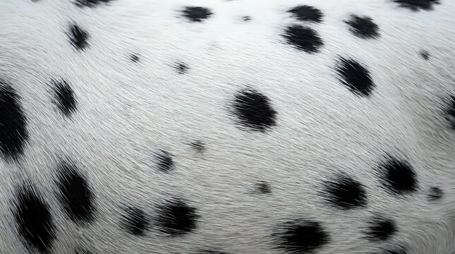 Dalmatian dog fur texture with distinctive black spots on white coat, natural animal pattern background for fashion and textile design projects.
