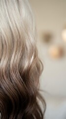 Naklejka premium Close-up of healthy blonde wavy hair with natural highlights and soft texture in salon setting for beauty and haircare concepts.