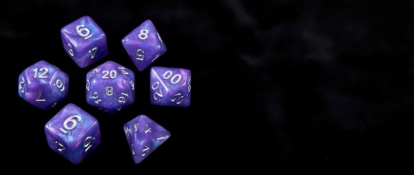 Purple polyhedral dice set with white numbers on dark textured background for tabletop gaming and role-playing adventures.