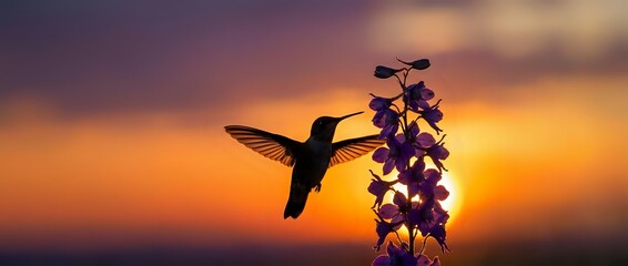 Fototapeta premium Hummingbird silhouette feeding on purple flowers against vibrant sunset sky. Nature wildlife scene with warm golden orange colors for peaceful designs.