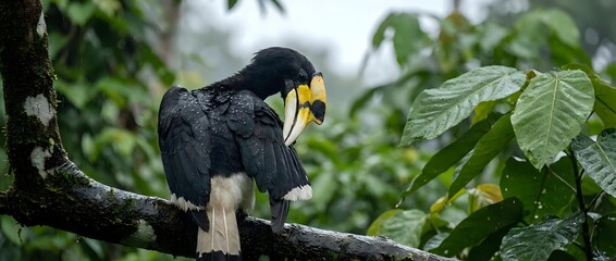 Fototapeta premium Black toucan with yellow beak perched on tree branch in lush tropical rainforest. Exotic bird wildlife photography for nature and travel content.