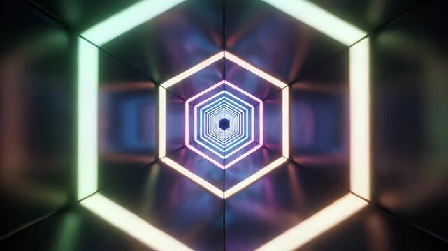 A futuristic hexagon tunnel with colorful neon lights creates a mesmerizing perspective