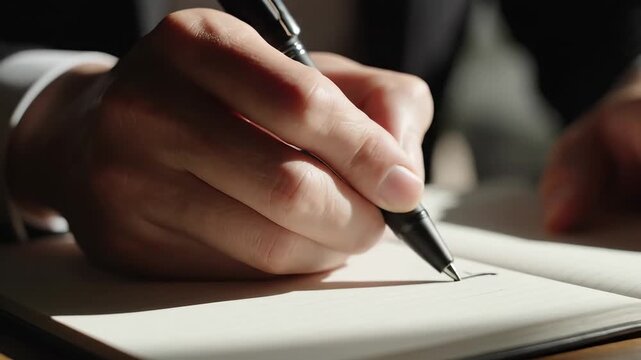 Hand writing in a notebook with pen