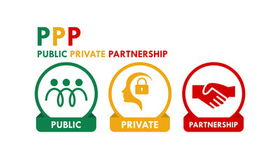 Public Private Partnership (PPP) logo featuring people, security lock, and handshake icons representing collaboration between government and private sectors for development.