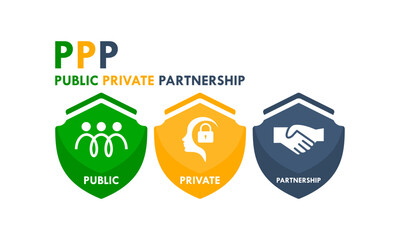 Public Private Partnership (PPP) logo featuring people, security lock, and handshake icons representing collaboration between government and private sectors for development.