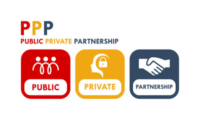 Public Private Partnership (PPP) logo featuring people, security lock, and handshake icons representing collaboration between government and private sectors for development.