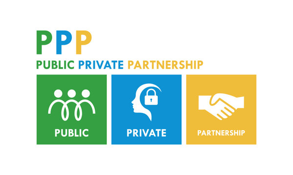Public Private Partnership (PPP) logo featuring people, security lock, and handshake icons representing collaboration between government and private sectors for development.