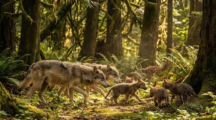 Wolf pack walking through sunlit forest with cubs following adult wolves among tall trees and ferns in natural woodland habitat during golden hour lighting.
