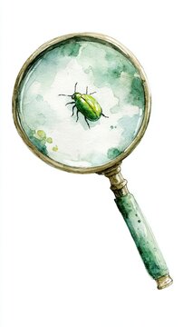 A watercolor illustration of a green beetle viewed through a magnifying glass with a textured, artistic background.