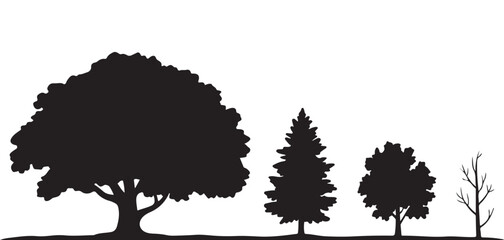 Silhouettes of different tree types, including deciduous and coniferous, against a white background © Sen