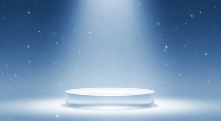 Bright minimalist blue podium with soft overhead lighting for clean professional product display and corporate branding