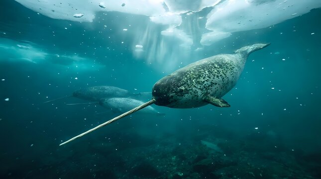 Narwhal swimming underwater in Arctic ocean with distinctive tusk and mottled skin pattern surrounded by bubbles and sunlight rays filtering through water.