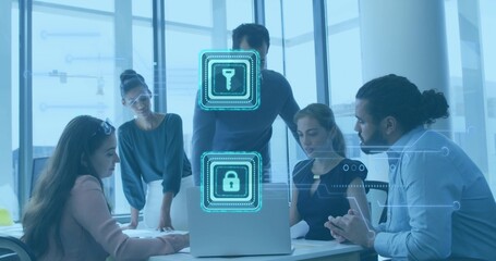 Discussing five team members in business casual leaning over laptop in office, with security icons © vectorfusionart