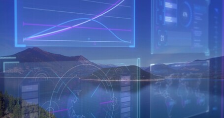 Obraz premium Displaying panoramic lake and mountain range at lakeshore, with HUD chart, radar gauge, map grid