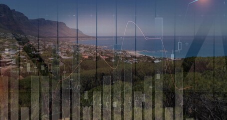 Naklejka premium Displaying coastal town from hillside viewpoint, showing candlestick charts over rooftops and bay