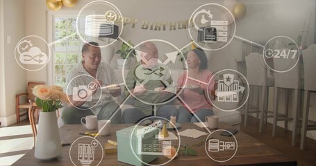 Sharing family trio eating cake on sofa at home, green sweater, gold banner, infographic overlay
