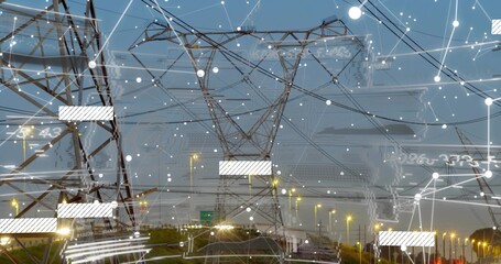 Dominating steel pylon cutting through digital HUD above dusk road with headlights and power lines