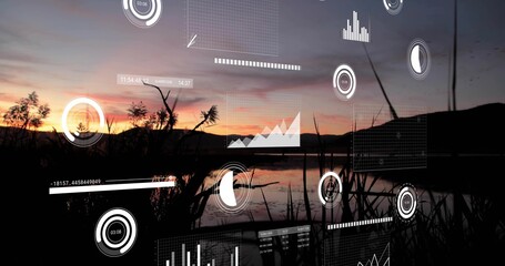 Obraz premium Reflecting sunset lake with dark reeds centering shoreline, displaying translucent AR data overlays